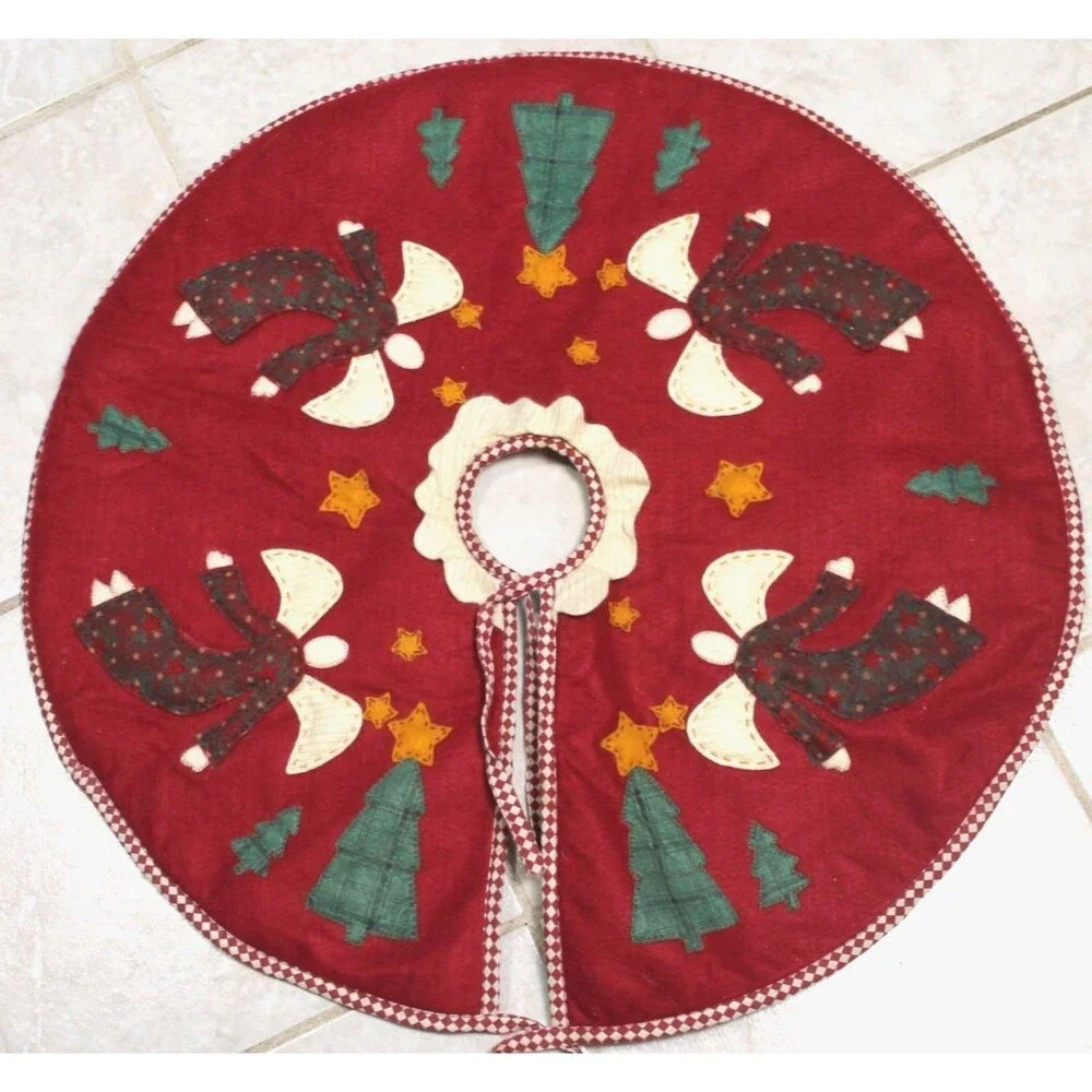 Vintage Handmade CHRISTMAS Tree Skirt Burgandy Angels, Stars, Trees Applique 25